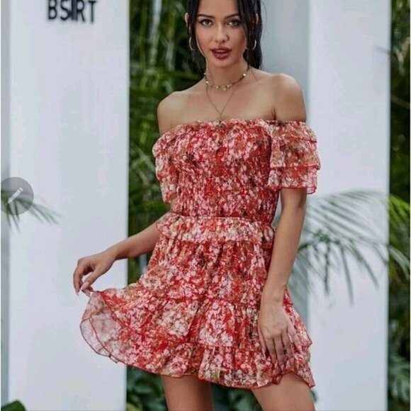 BOHO ALL OVER PRINT CORAL DRESS - Picture 1 of 7